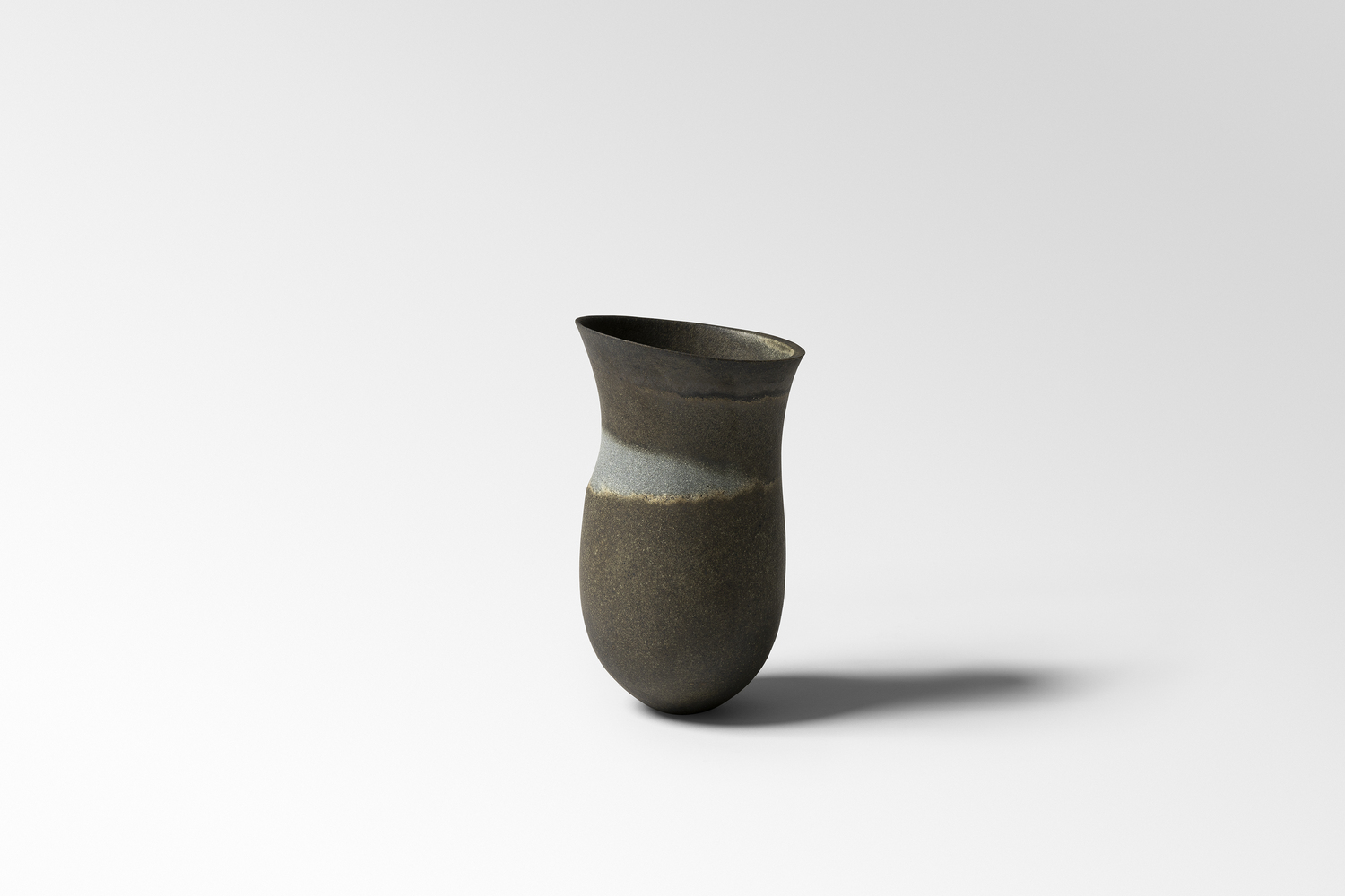 Olive, slate blue haloed band, dark trace, tilted shelf, rust base, 2023 Olive, slate blue haloed band, dark trace, tilted shelf, rust base, 2023