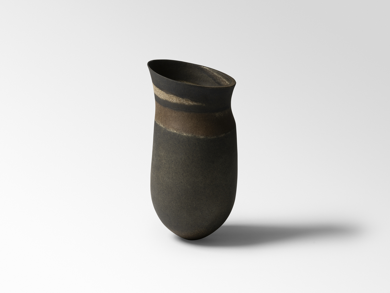 Olive, umber haloed band, rust granite band, tilted shelf rim, 2025 Olive, umber haloed band, rust granite band, tilted shelf rim, 2025